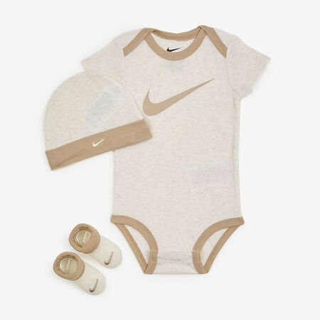 NIKE 3 PC SET BODYSUIT HAT BOOTIE SWOOSH BEIGE BABY
