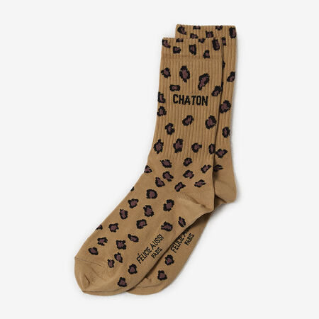 FELI CHAUSSETTES CREW CHATON LEOPARD BEIGE/BRUIN DAMES