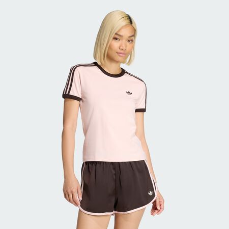 ADIDAS ORIGINALS TEE SHIRT SLIM 3 STRIPES ROZE/BRUIN DAMES